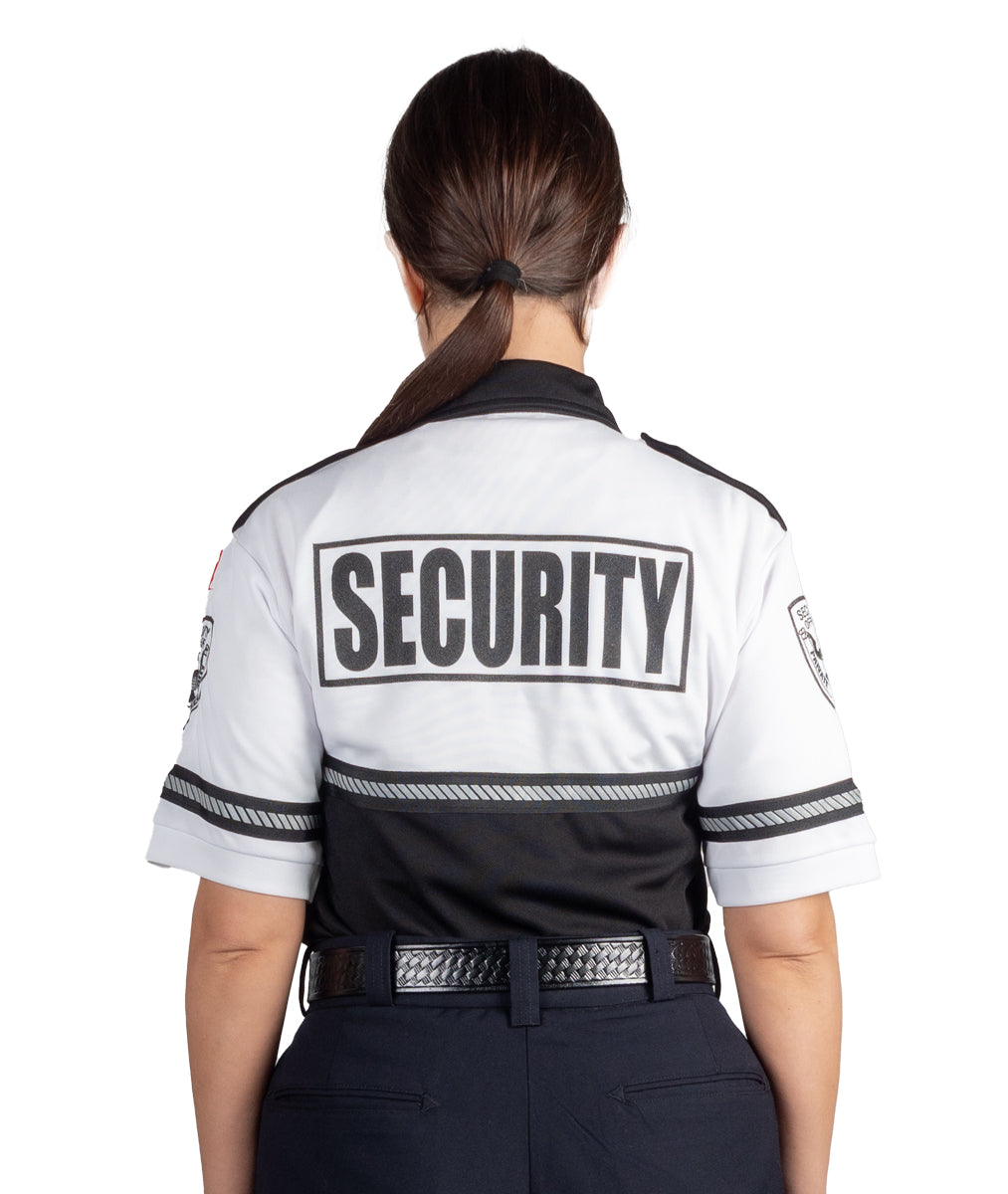 First Class Security Badge and Patch Two Tone Bike Patrol Polo Shirt with Zipper Pocket and Reflective Hash Stripes