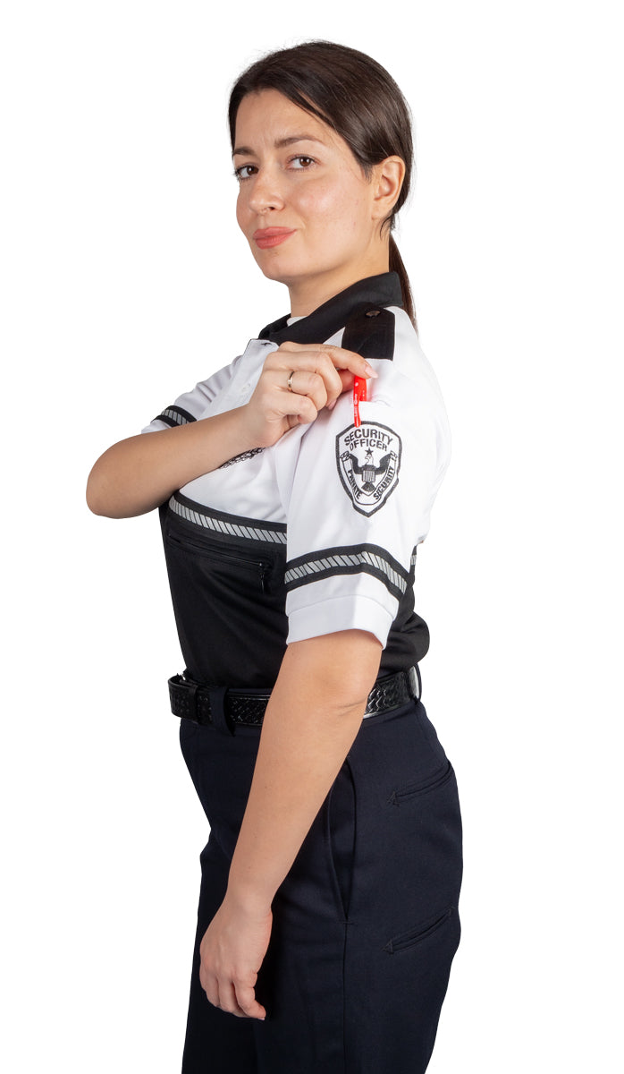 First Class Security Badge and Patch Two Tone Bike Patrol Polo Shirt with Zipper Pocket and Reflective Hash Stripes