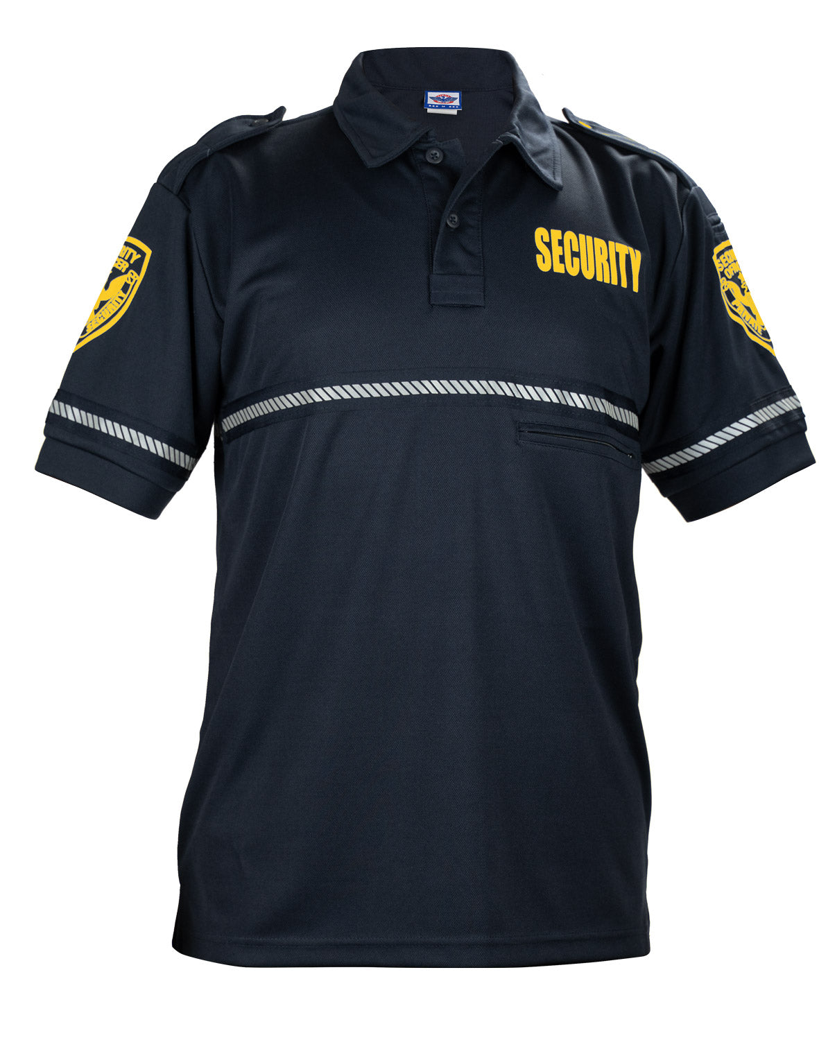 First Class Security and Patch Bike Patrol Polo Shirt with Zipper Pocket and Reflective Hash Stripes
