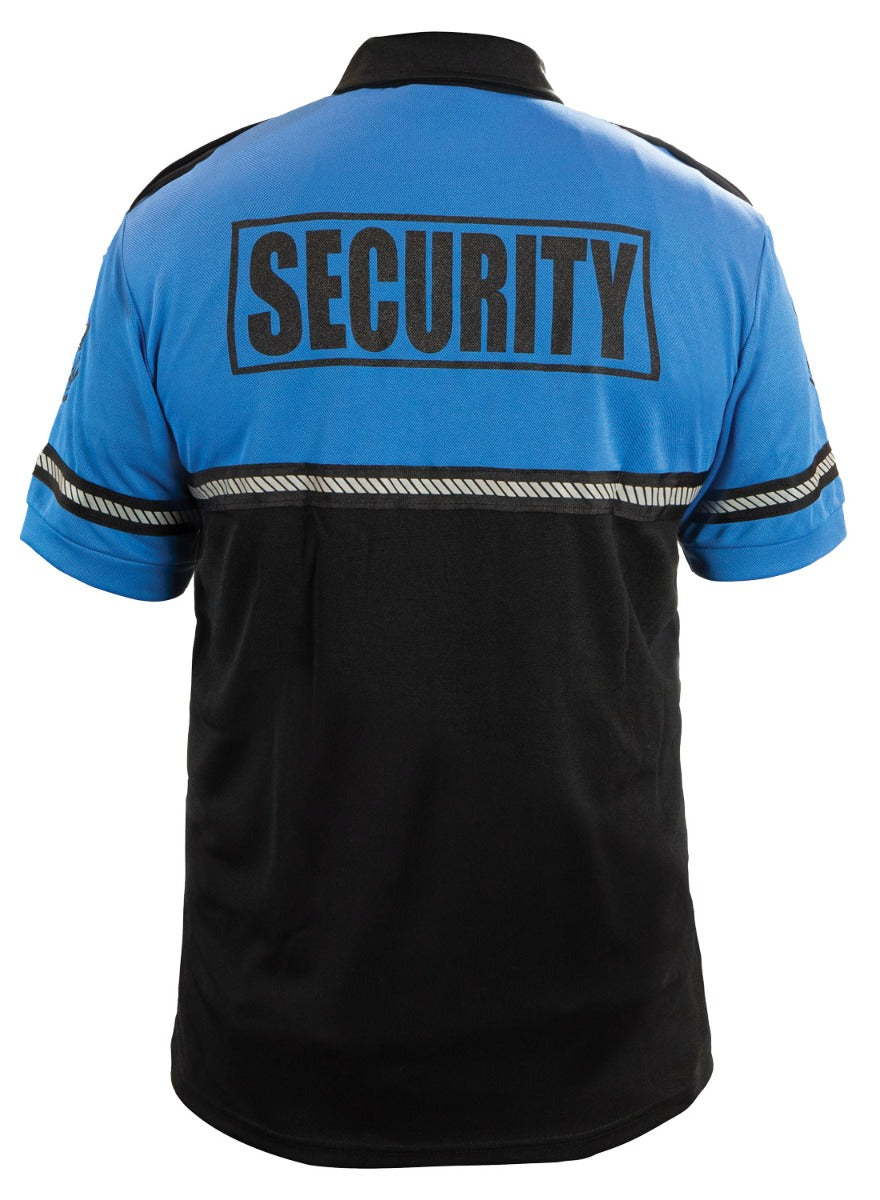 First Class Security Badge and Patch Two Tone Bike Patrol Polo Shirt with Zipper Pocket and Reflective Hash Stripes