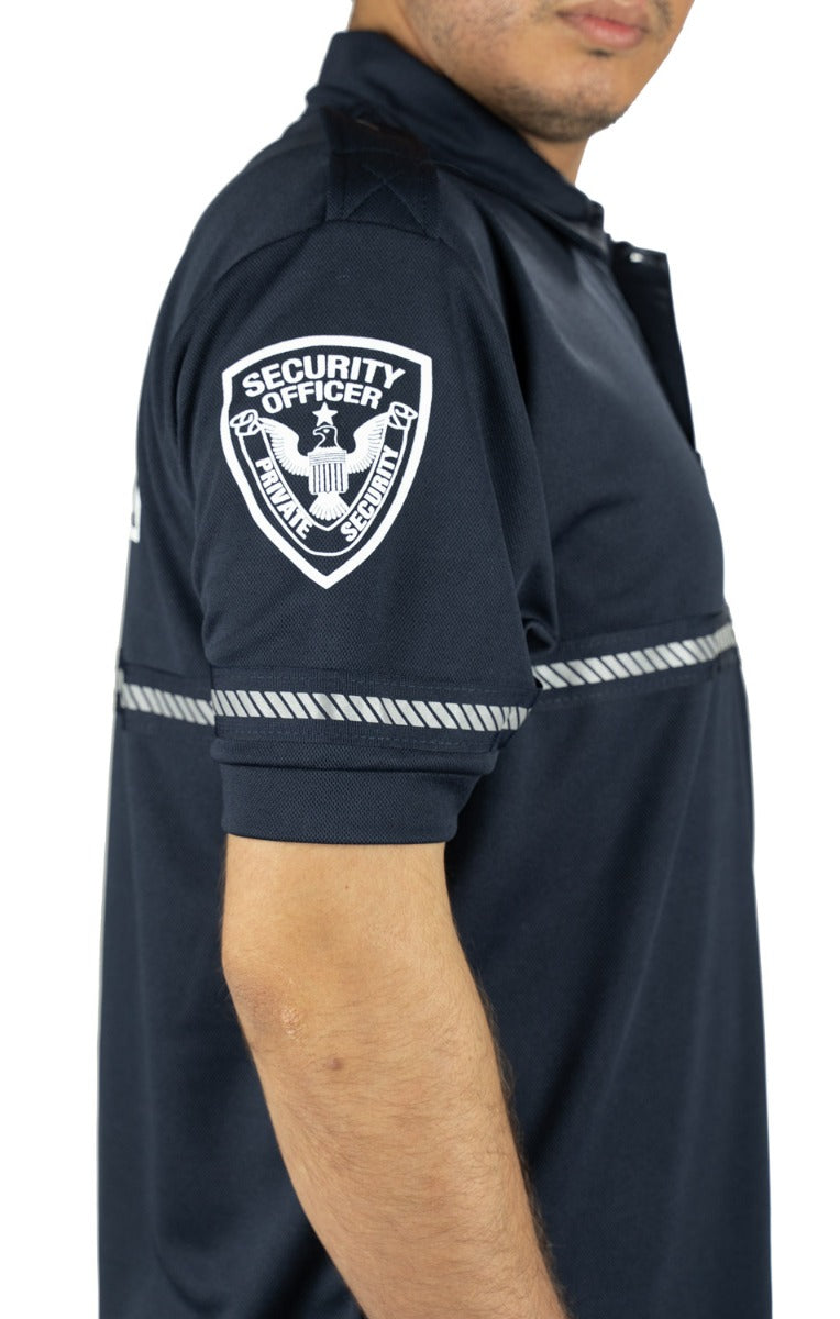 First Class Security and Patch Bike Patrol Polo Shirt with Zipper Pocket and Reflective Hash Stripes